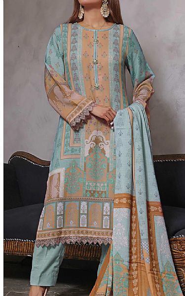 Vs Textile Sky Blue/Peach Leather Suit | Pakistani Winter Dresses- Image 1