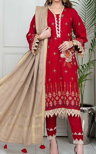 Vs Textile Red Wool Suit | Pakistani Winter Dresses- Image 1