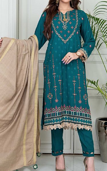 Vs Textile Teal Blue Wool Suit | Pakistani Winter Dresses- Image 1
