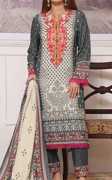 Vs Textile Dark Grey/Off-white Karandi Suit | Pakistani Winter Dresses- Image 1