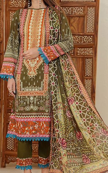 Vs Textile Olive Green Lawn Suit | Pakistani Lawn Dress in USA- Image 1