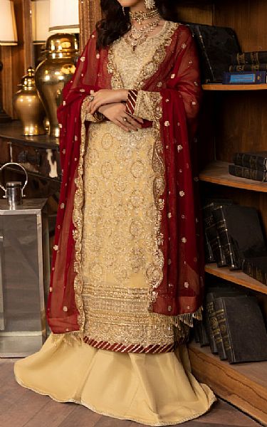 Vs Textile Sand Gold/Red Chiffon Suit | Pakistani Embroidered Chiffon Dresses- Image 1