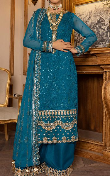 Vs Textile Denim Blue Chiffon Suit | Pakistani Embroidered Chiffon Dresses- Image 1