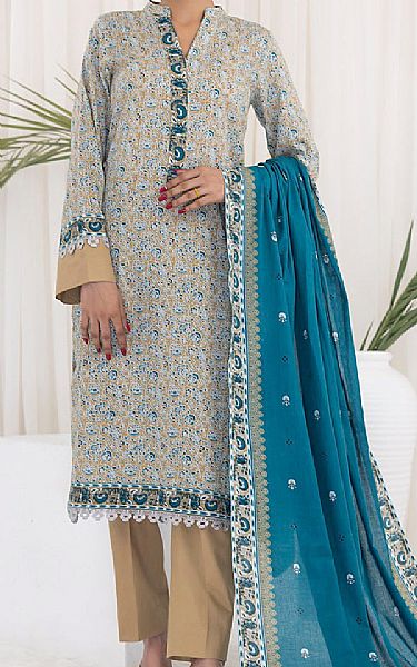 Vs Textile Tan/Blue Lawn Suit | Pakistani Lawn Dress in USA- Image 1
