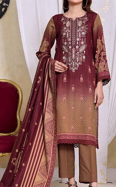 Vs Textile Burgundy/Brown Dhanak Suit | Pakistani Winter Dresses- Image 1