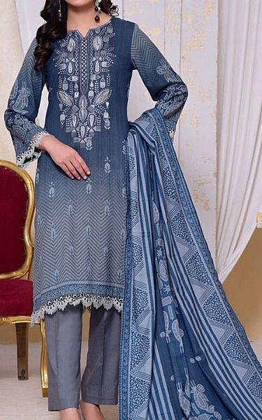 Vs Textile Blue Zodiac/Grey Dhanak Suit | Pakistani Winter Dresses- Image 1