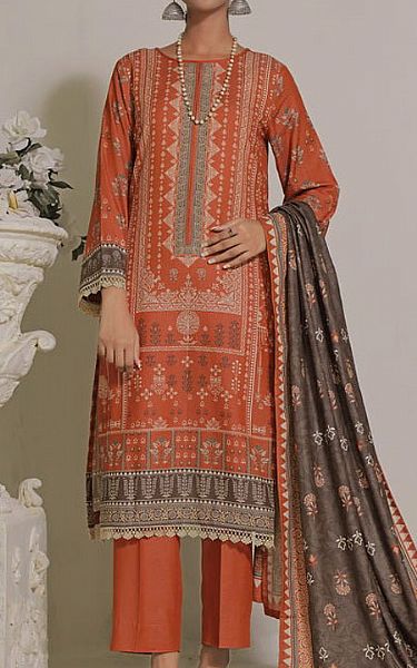 Vs Textile Bright Orange Karandi Suit | Pakistani Winter Dresses- Image 1