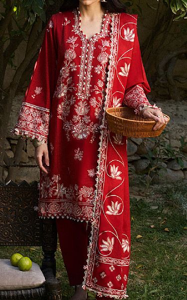 Zaha Torch Red Khaddar Suit | Pakistani Winter Dresses in USA- Image 1