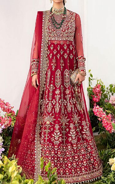 Zaha Red Organza Suit | Pakistani Embroidered Chiffon Dresses- Image 1
