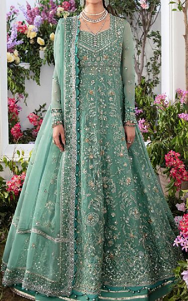 Zaha Grey Teal Organza Suit | Pakistani Embroidered Chiffon Dresses- Image 1