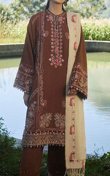 Zaha English Walnut Jacquard Suit | Pakistani Winter Dresses in USA- Image 1