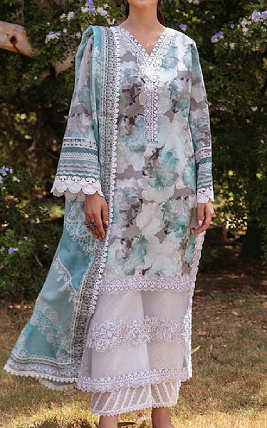 Zainab Chottani Dusty Grey/Turquoise Lawn Suit | Pakistani Lawn Dress in USA- Image 1