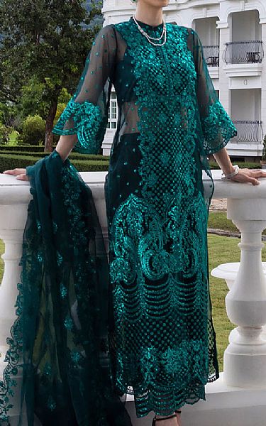Zainab Chottani Teal Organza Suit | Pakistani Embroidered Chiffon Dresses USA- Image 1