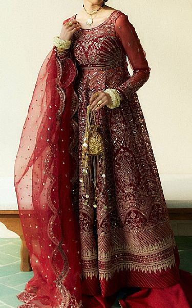 Zara Shahjahan Wine Red Organza Suit | Pakistani Embroidered Chiffon Dresses USA- Image 1