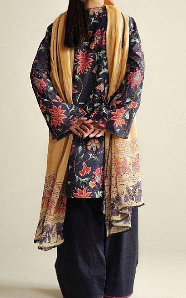Zara Shahjahan Storm Grey Slub Cotton Suit | Pakistani Winter Dresses in USA- Image 2