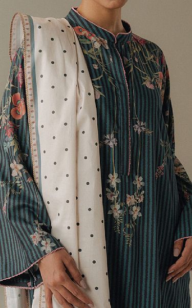 Zara Shahjahan Mineral Green/Black Linen Suit | Pakistani Winter Dresses in USA- Image 2