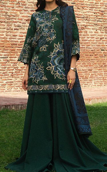 Zara Shahjahan Bottle Green Khaddar Suit | Pakistani Winter Dresses in USA- Image 1