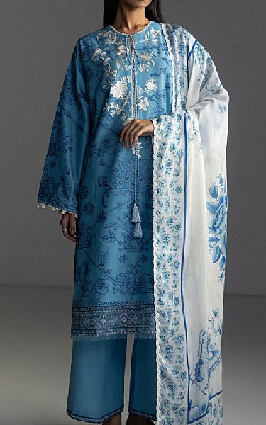 Zara Shahjahan Cadet Blue Lawn Suit | Pakistani Lawn Dress in USA- Image 1