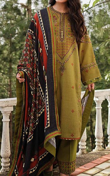 Zara Shahjahan Olive Green Mono Long Suit | Pakistani Winter Dresses- Image 1