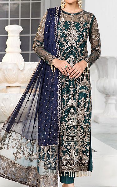 Zarif Bottle Green Net Suit | Pakistani Embroidered Chiffon Dresses- Image 1