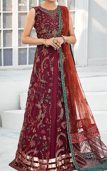 Zarif Crimson Net Suit | Pakistani Embroidered Chiffon Dresses- Image 1