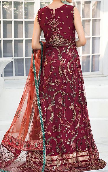 Zarif Crimson Net Suit | Pakistani Embroidered Chiffon Dresses- Image 2