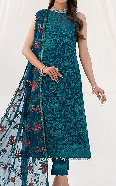 Zarif Teal Blue Chiffon Suit | Pakistani Embroidered Chiffon Dresses- Image 1