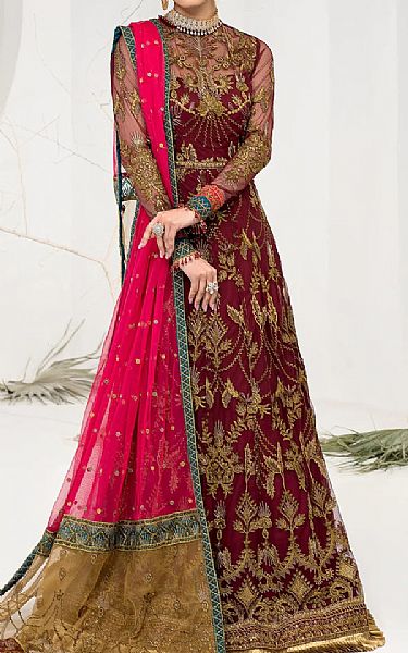 Zarif Maroon Net Suit | Pakistani Embroidered Chiffon Dresses- Image 1