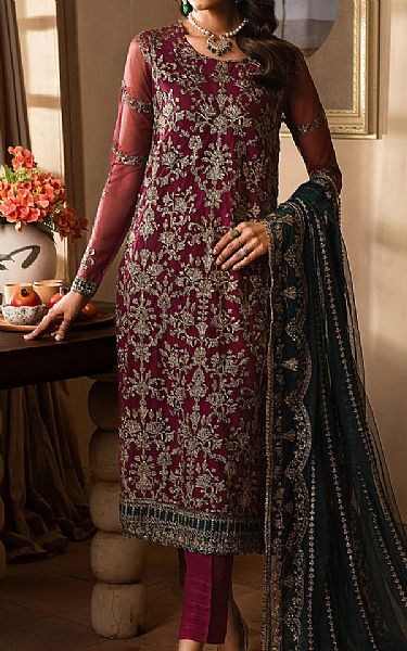 Zarif Deep Carmine Net Suit | Pakistani Embroidered Chiffon Dresses USA- Image 1