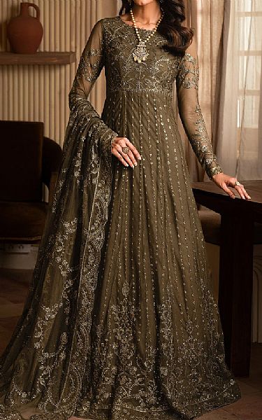 Zarif Dull Brown Net Suit | Pakistani Embroidered Chiffon Dresses USA- Image 1