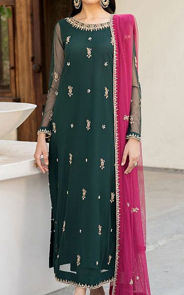 Zarif Bottle Green Net Suit | Pakistani Embroidered Chiffon Dresses USA- Image 1
