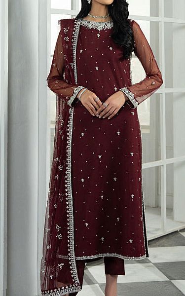 Zarif Maroon Net Suit | Pakistani Embroidered Chiffon Dresses USA- Image 1