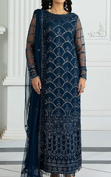 Zarif Blue Zodiac Net Suit | Pakistani Embroidered Chiffon Dresses USA- Image 1