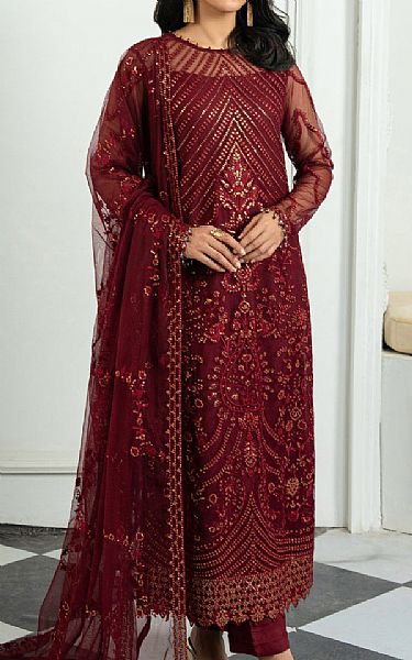 Zarif Maroon Net Suit | Pakistani Embroidered Chiffon Dresses USA- Image 1
