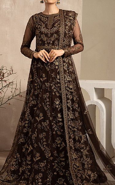 Zarif Chocolate Net Suit | Pakistani Embroidered Chiffon Dresses- Image 1