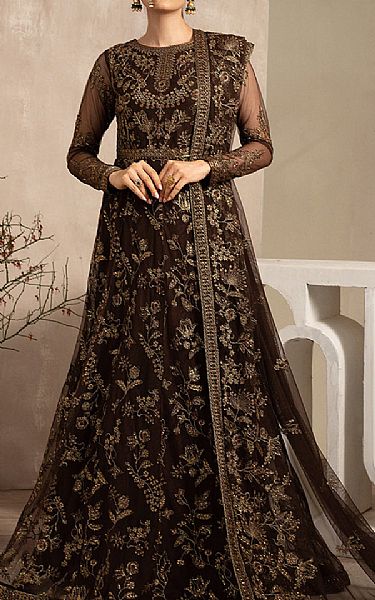 Zarif Chocolate Net Suit | Pakistani Embroidered Chiffon Dresses USA- Image 1