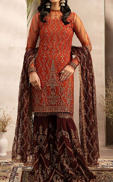 Zarif Rust Net Suit | Pakistani Embroidered Chiffon Dresses- Image 1