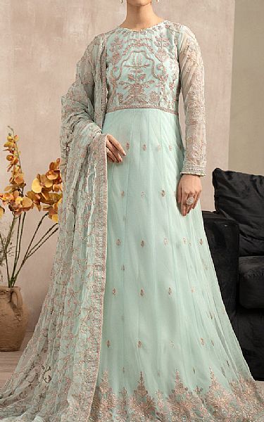 Zarif Light Turquoise Net Suit | Pakistani Embroidered Chiffon Dresses- Image 1