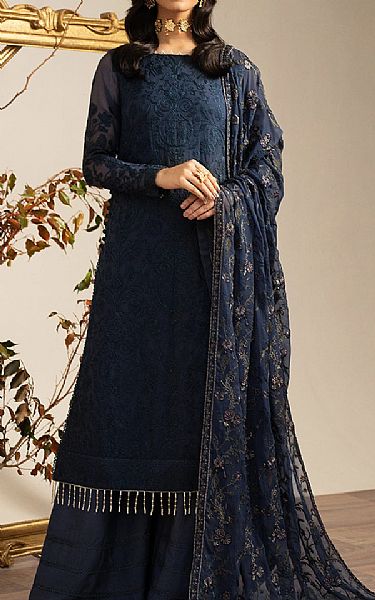 Zarif Oxford Blue Chiffon Suit | Pakistani Embroidered Chiffon Dresses- Image 1