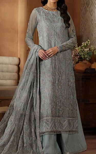 Zarif Grey Net Suit | Pakistani Embroidered Chiffon Dresses- Image 1