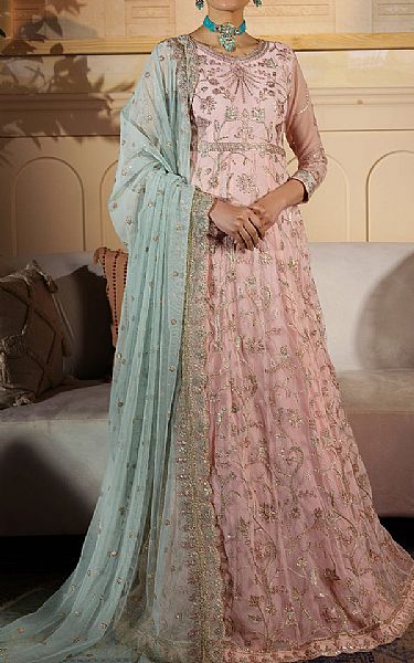Zarif Tea Pink/Sky Blue Net Suit | Pakistani Embroidered Chiffon Dresses- Image 1