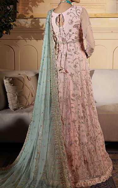 Zarif Tea Pink/Sky Blue Net Suit | Pakistani Embroidered Chiffon Dresses- Image 2