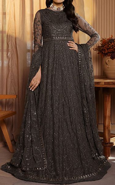 Zarif Dark Grey Net Suit | Pakistani Embroidered Chiffon Dresses- Image 1