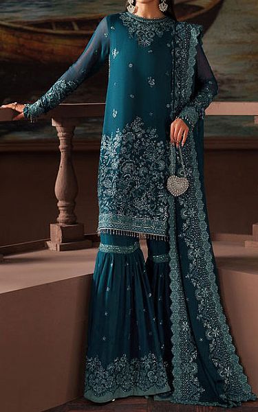 Zarif Teal Chiffon Suit | Pakistani Embroidered Chiffon Dresses USA- Image 1