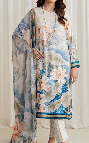 Zarif Off White/Blue Silk Suit | Pakistani Embroidered Chiffon Dresses USA- Image 1