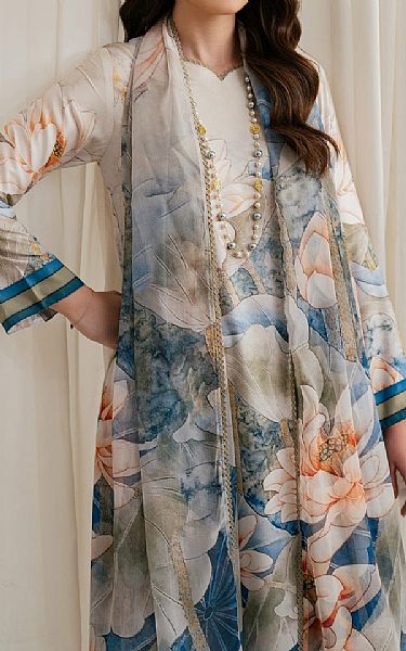 Zarif Off White/Blue Silk Suit | Pakistani Embroidered Chiffon Dresses USA- Image 3