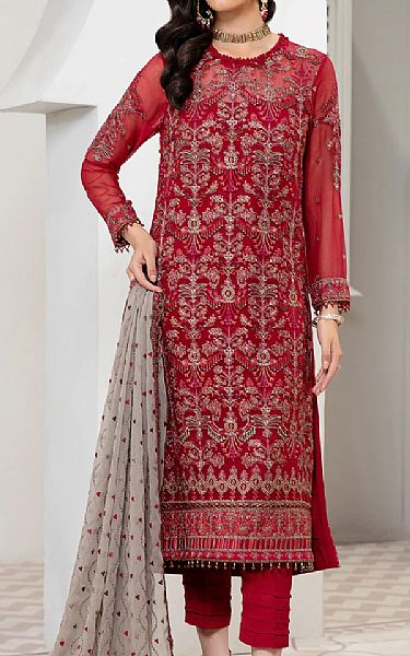 Zarif Scarlet Chiffon Suit | Pakistani Embroidered Chiffon Dresses- Image 1