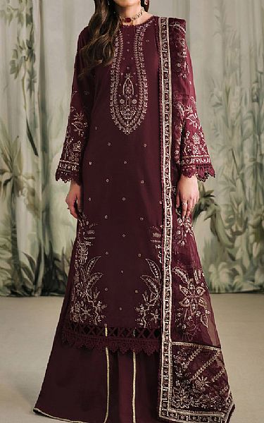 Zarif Wine Raw Silk Suit | Pakistani Embroidered Chiffon Dresses USA- Image 1