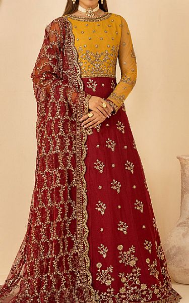 Zarif Mustard/Maroon Net Suit | Pakistani Embroidered Chiffon Dresses USA- Image 1