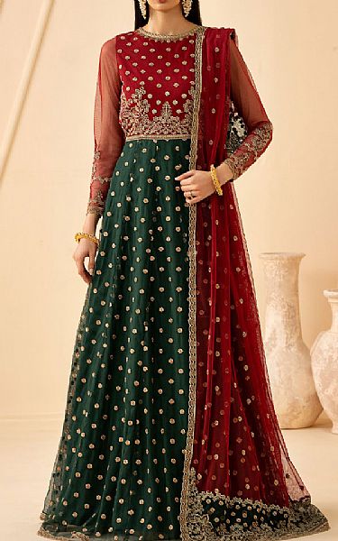 Zarif Red/Green Net Suit | Pakistani Embroidered Chiffon Dresses USA- Image 1